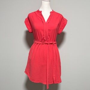 Stylish Coral Mini Dress with Belt